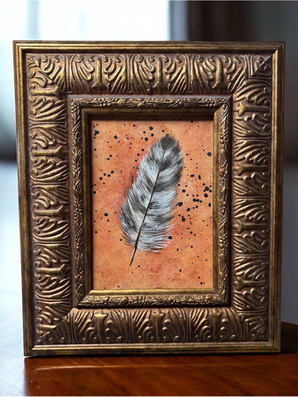 Feather Original Oil Painting on Canvas in Thick Decorative Frame
